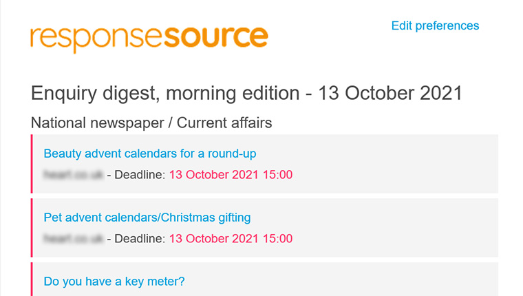 Screengrab of ResponseSource Journalist Enquiry Service digest email