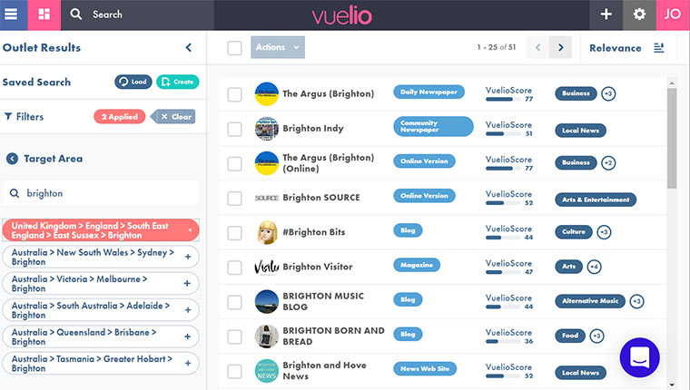 Screenshot of Vuelio outlet search