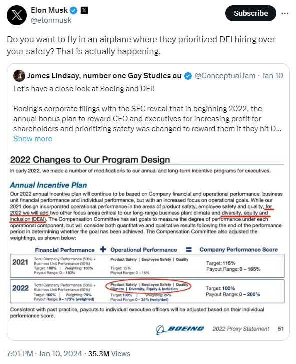 Elon Musk tweet on Boeing