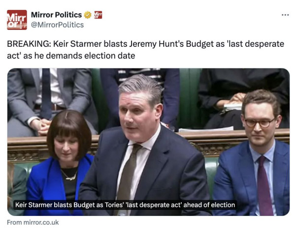 Tweet from The Mirror on the Spring Budget 2024 reaction